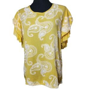 Forgotten Grace 1X Yellow Paisley‎ Embroidered Ruffle Mesh Flowy Boho Top Shirt